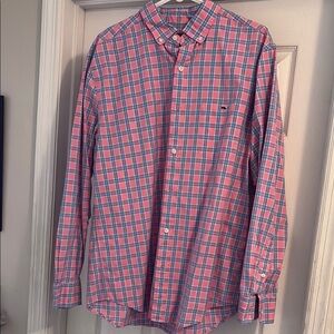 Vineyard Vines Men's Pink and Blue Plaid Shirt